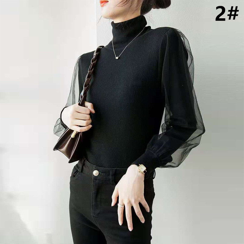 秋冬新作 タートルネック ニットセーター シアー袖 全5色