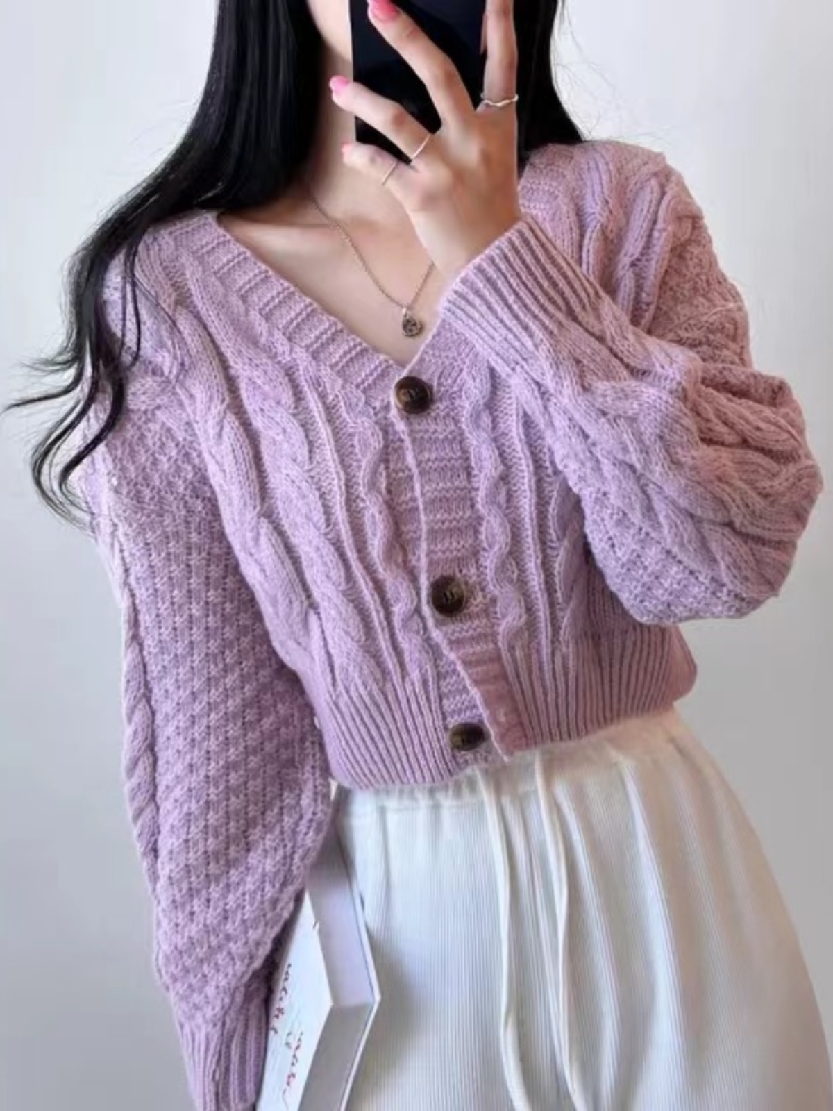 ニット ニット 編み模様ショート丈カーディガン