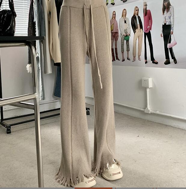 新作レディース高腰リブニットワイドパンツ裾フリンジ付