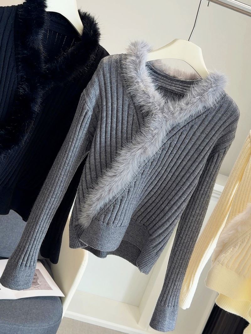 ファー付きリブニットセーター レディース 韓国風 3色展開