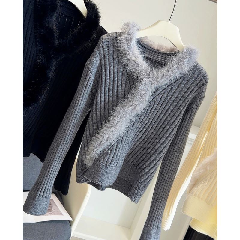 ファー付きリブニットセーター レディース 韓国風 3色展開