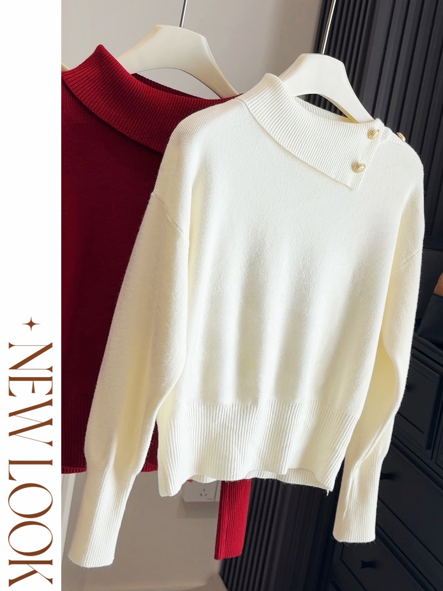 金ボタン付き折り返し襟ニットセーター韓国風レディース5色