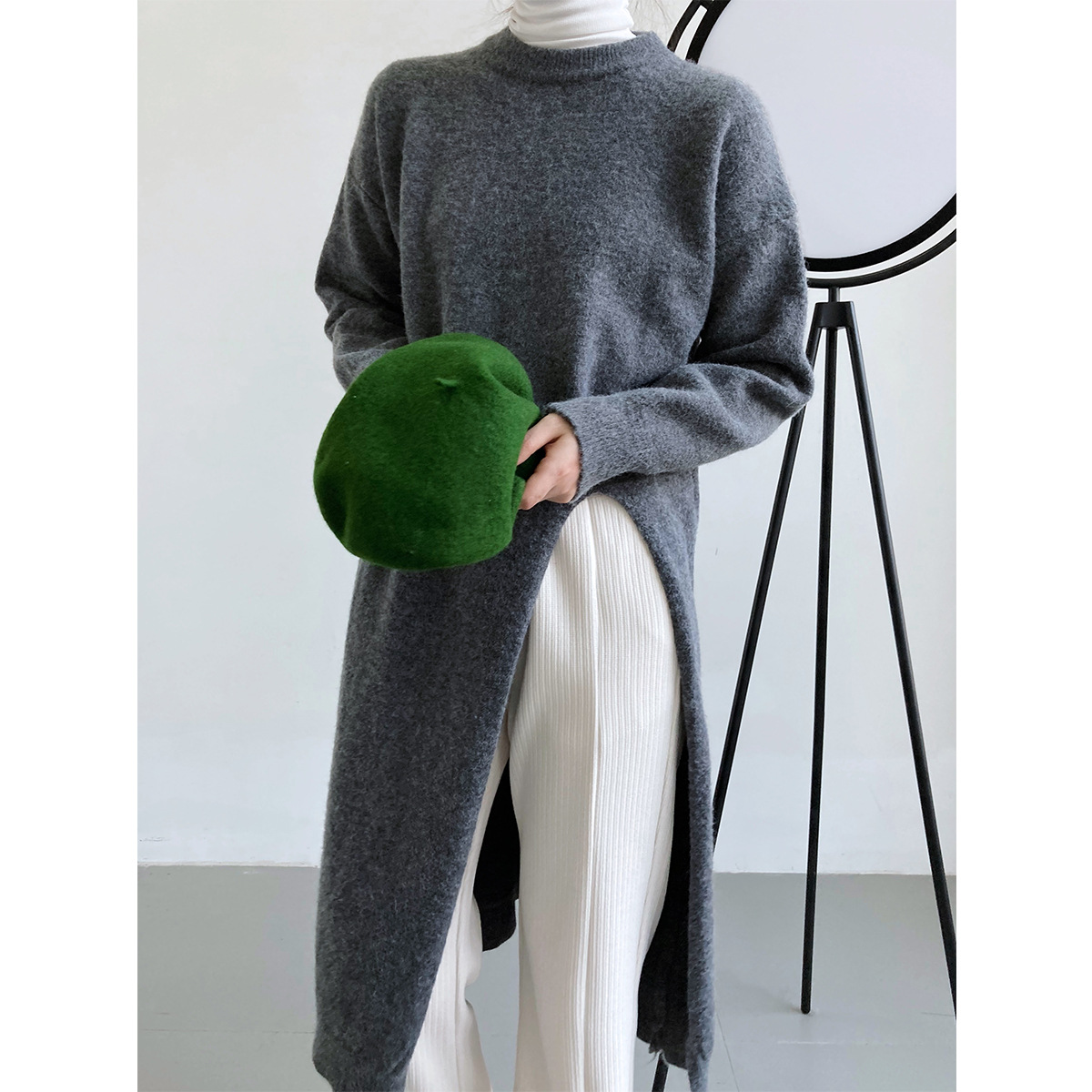 レディース ロング丈ニットセーター 韓国風 4色展開