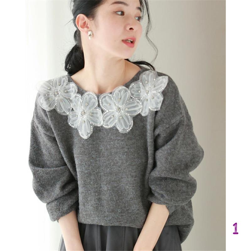 花柄レース装飾グレーニットセーター韓国風