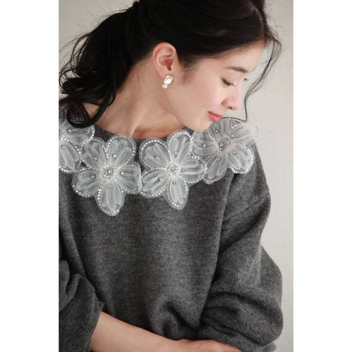 花柄レース装飾グレーニットセーター韓国風