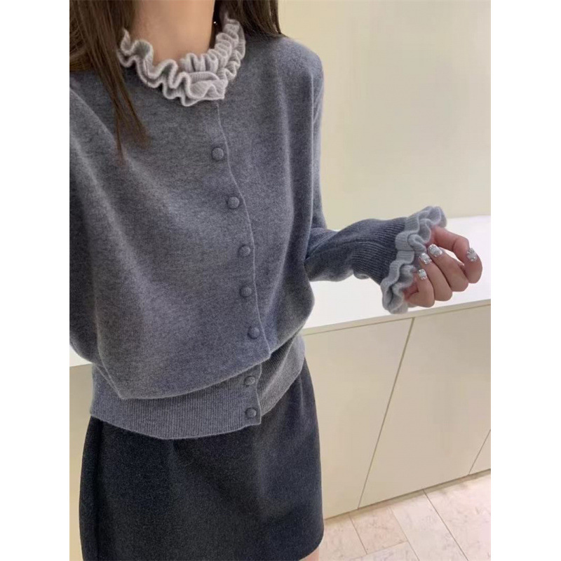 フリル襟ニットカーディガン韓国風レディース3色