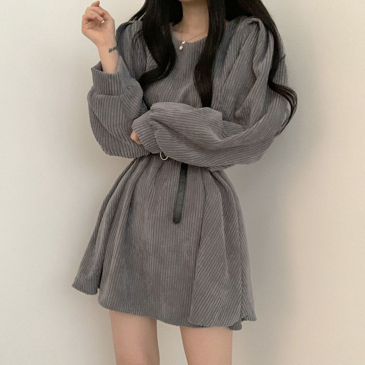 ニット リブ編み長袖ベルト付きニットワンピース