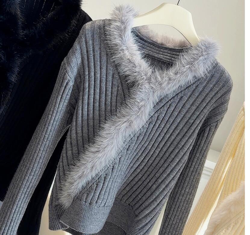 ファー付きリブニットセーター レディース 韓国風 3色展開