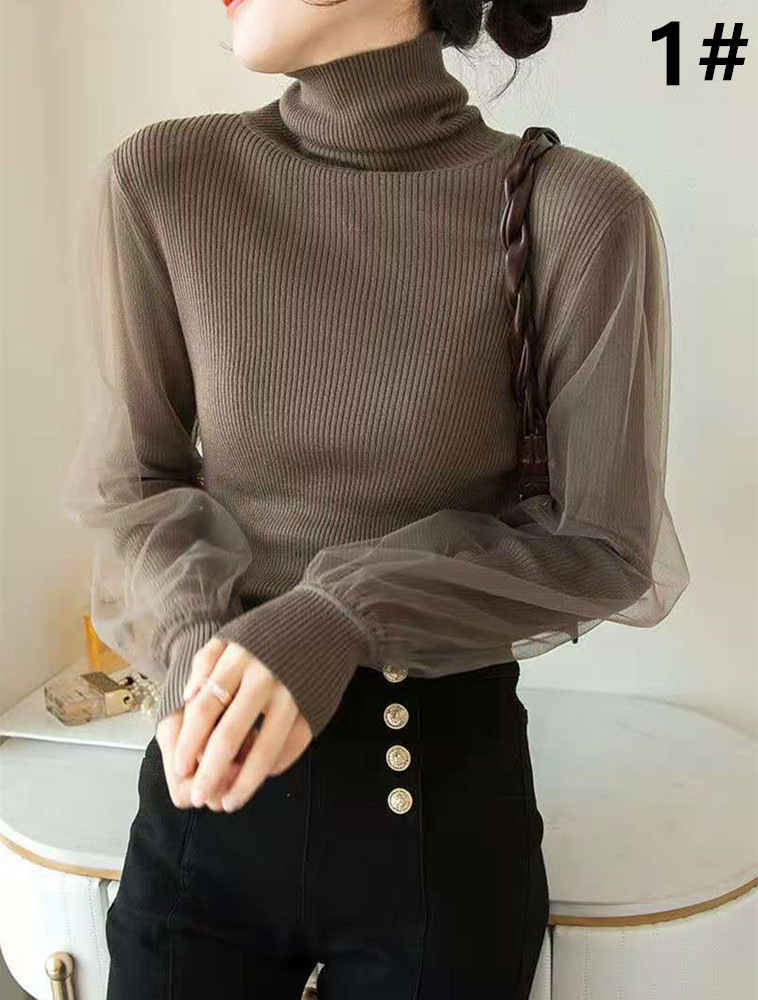 秋冬新作 タートルネック ニットセーター シアー袖 全5色