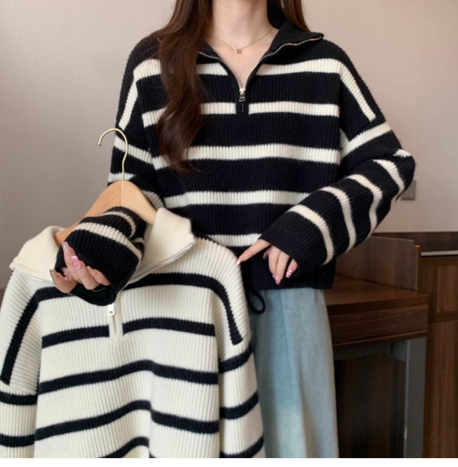ボーダー柄ハーフジップニットセーター襟付き