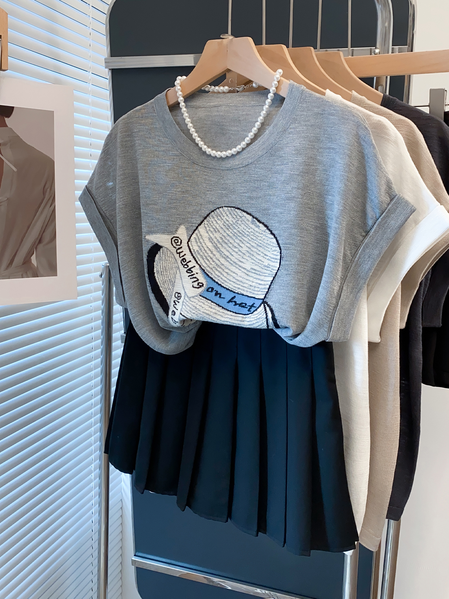 ニット 麦わら帽子刺繍ニットトップス