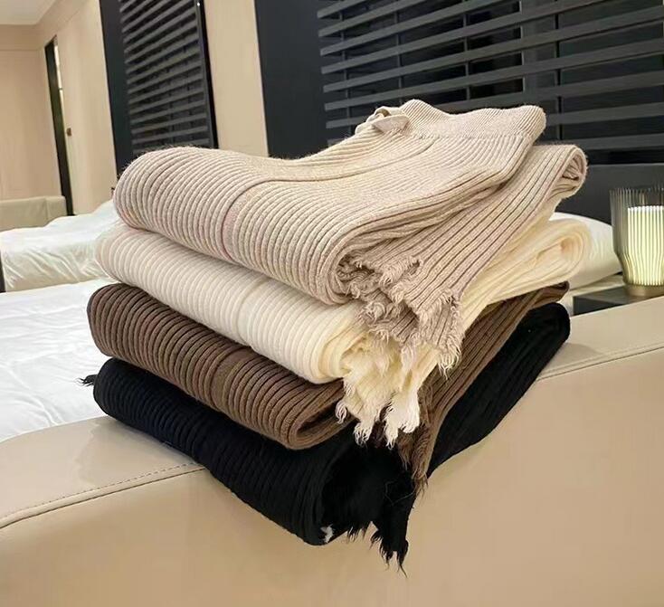 新作レディース高腰リブニットワイドパンツ裾フリンジ付