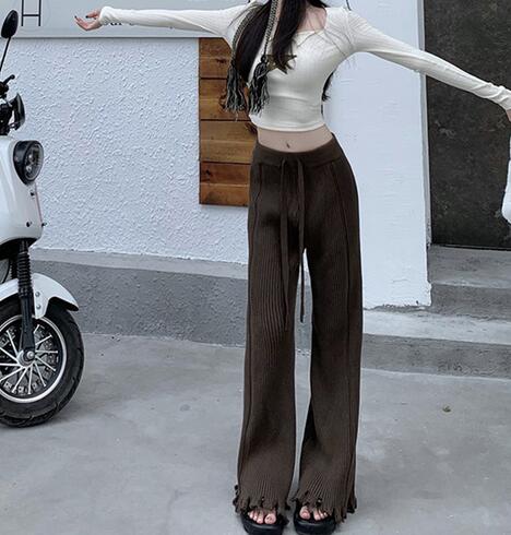 新作レディース高腰リブニットワイドパンツ裾フリンジ付