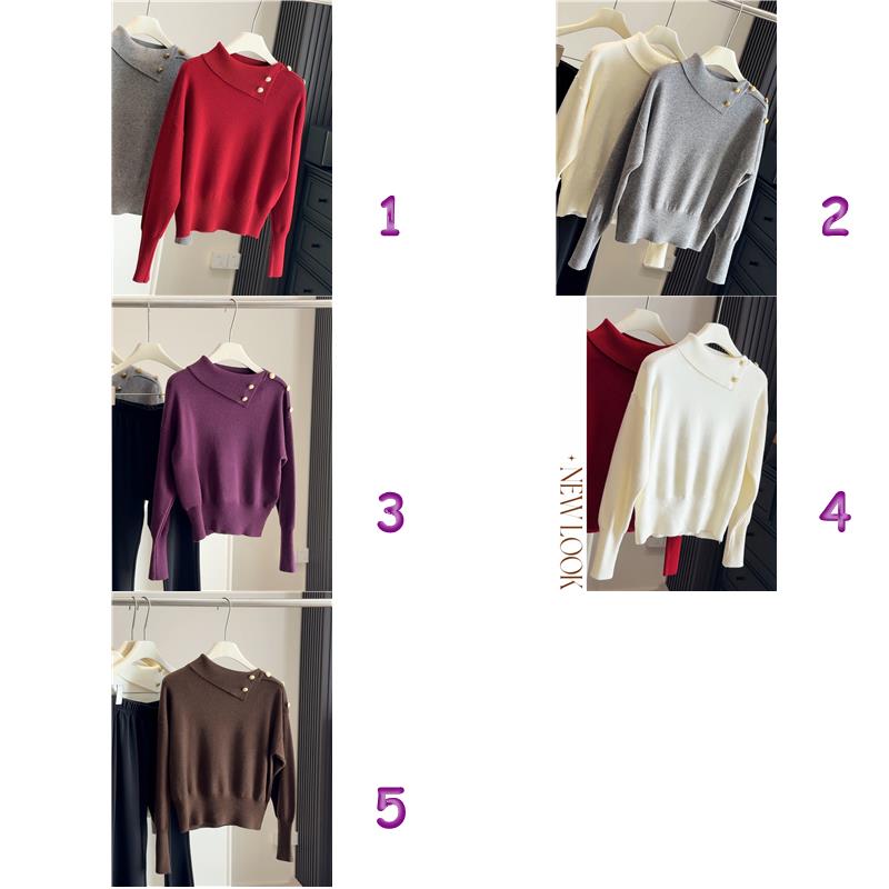 金ボタン付き折り返し襟ニットセーター韓国風レディース5色