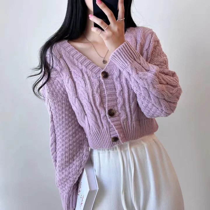 ニット ニット ケーブル編みショート丈カーディガン