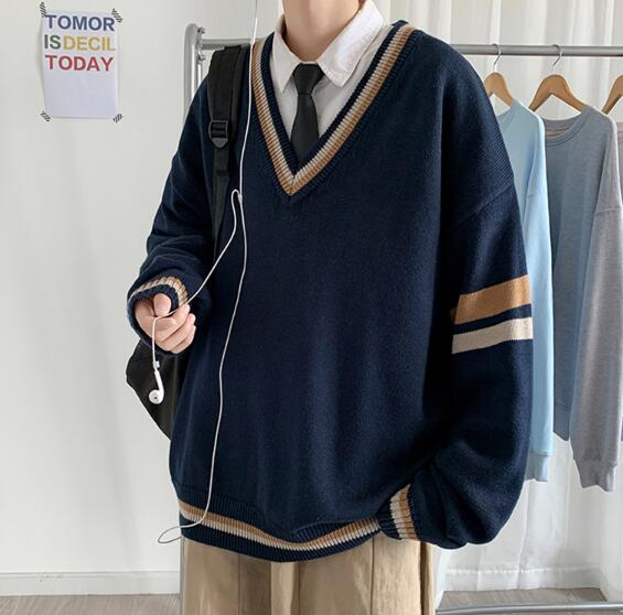 秋冬メンズ襟付きニットセーター学院風