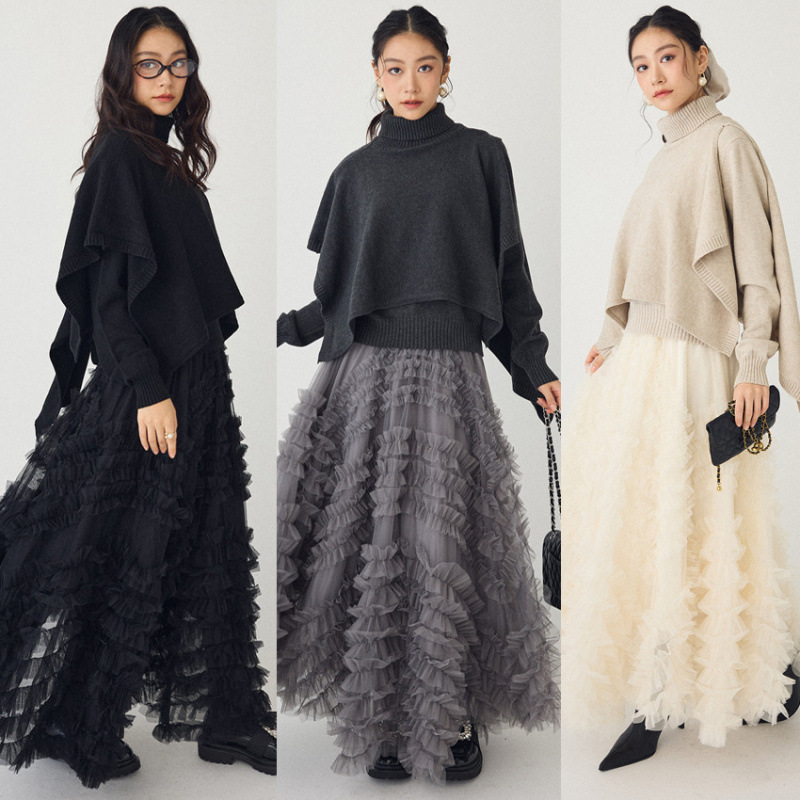 ハイネックニットとチュールスカートセット韓国風