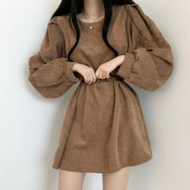 ニット リブ編み長袖ベルト付きニットワンピース