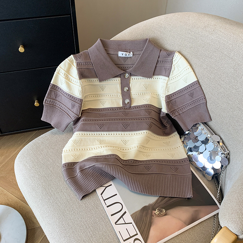 ニットトップス 襟付きボーダー透かし編みニットポロシャツ