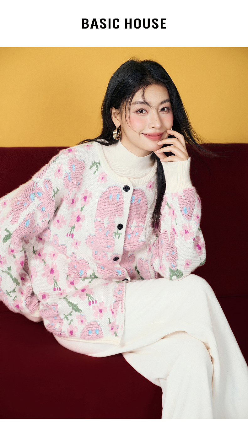 ニット 花咲きモチーフ立体編みカーディガン