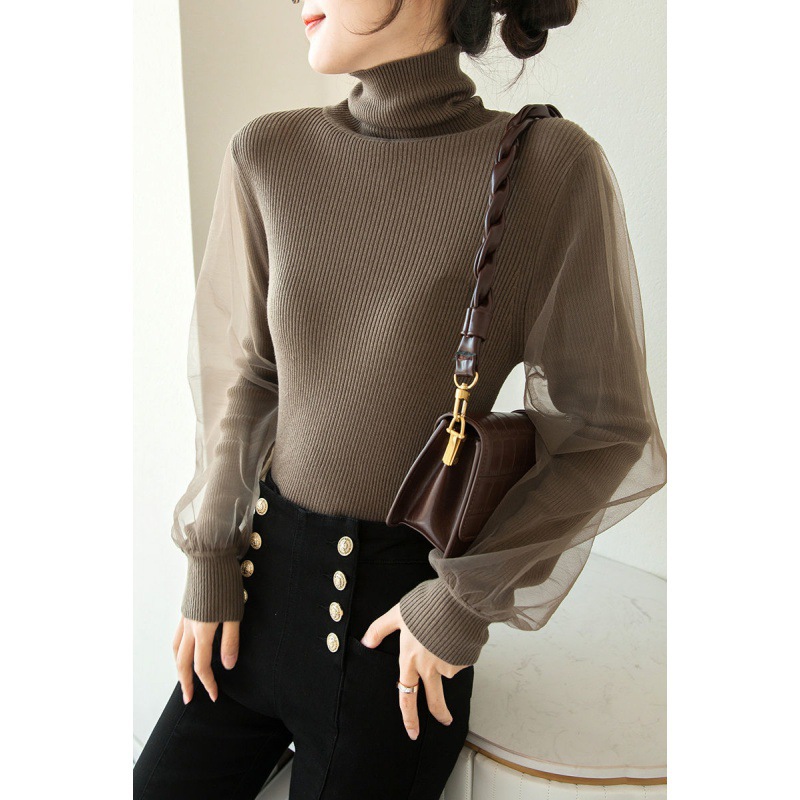 秋冬新作 タートルネック ニットセーター シアー袖 全5色