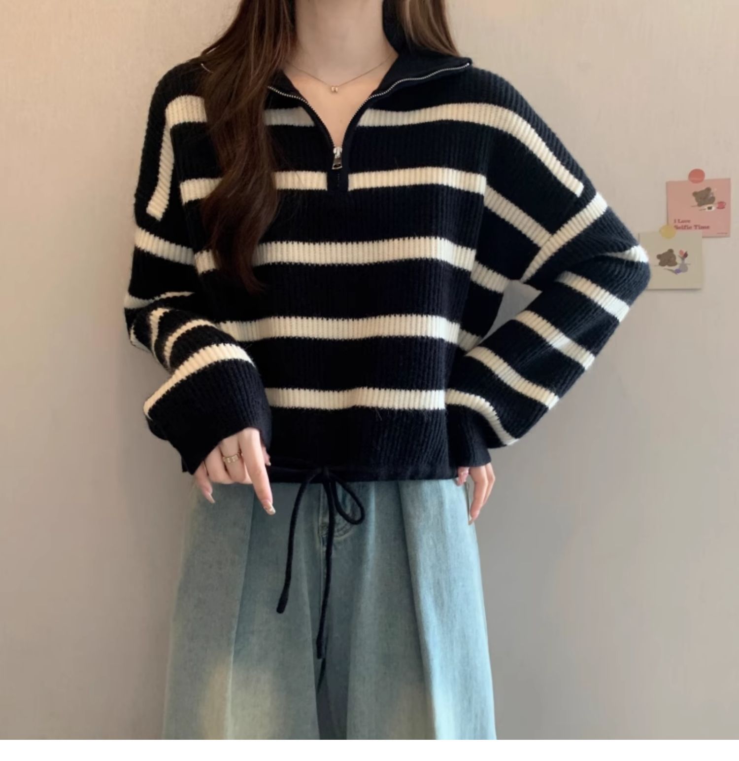 ボーダー柄ハーフジップニットセーター襟付き
