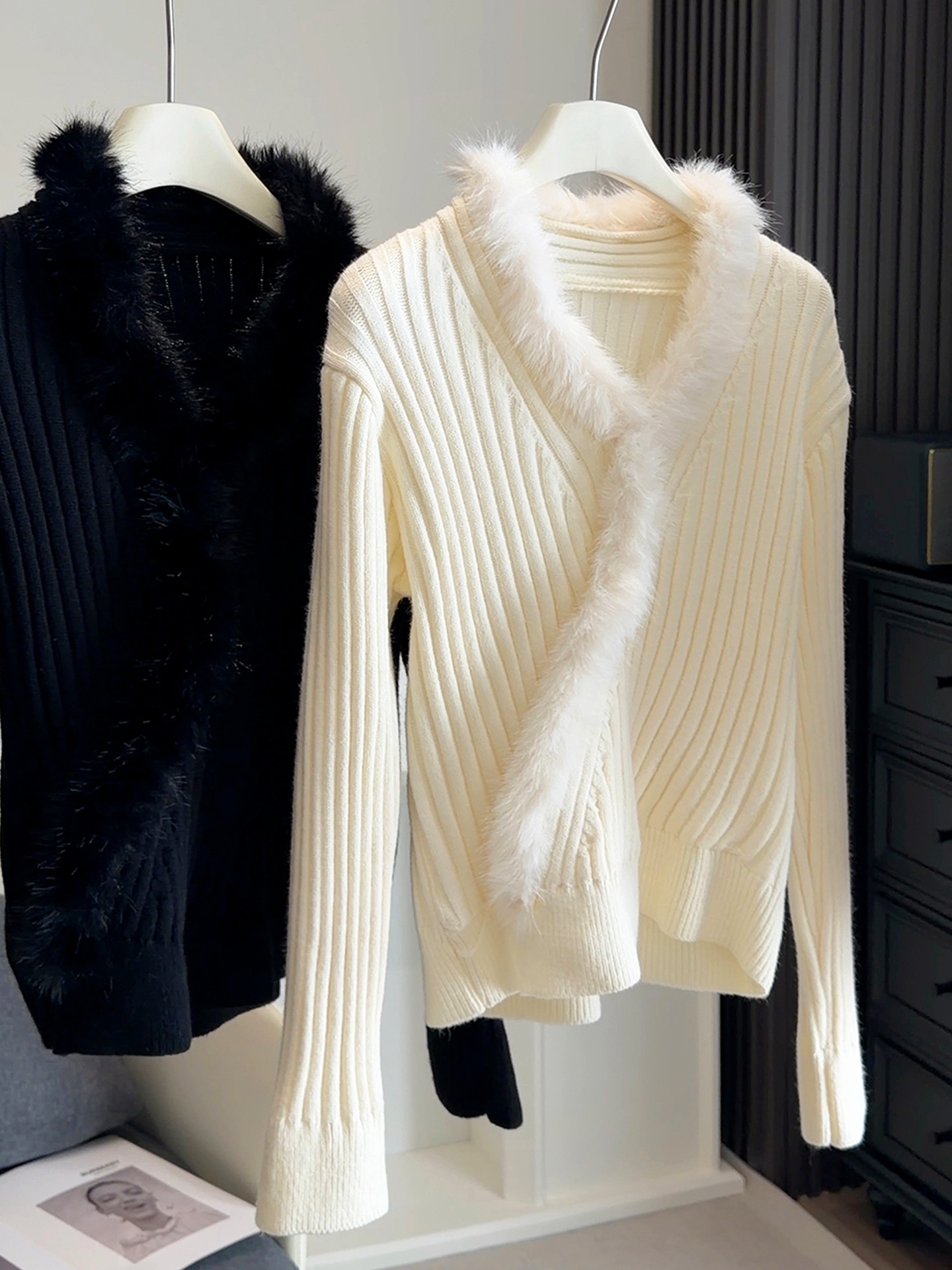 ファー付きリブニットセーター レディース 韓国風 3色展開