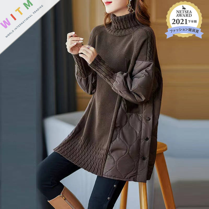 秋冬新作 体型カバー ハイネック ニット切替ベスト 上品レディース