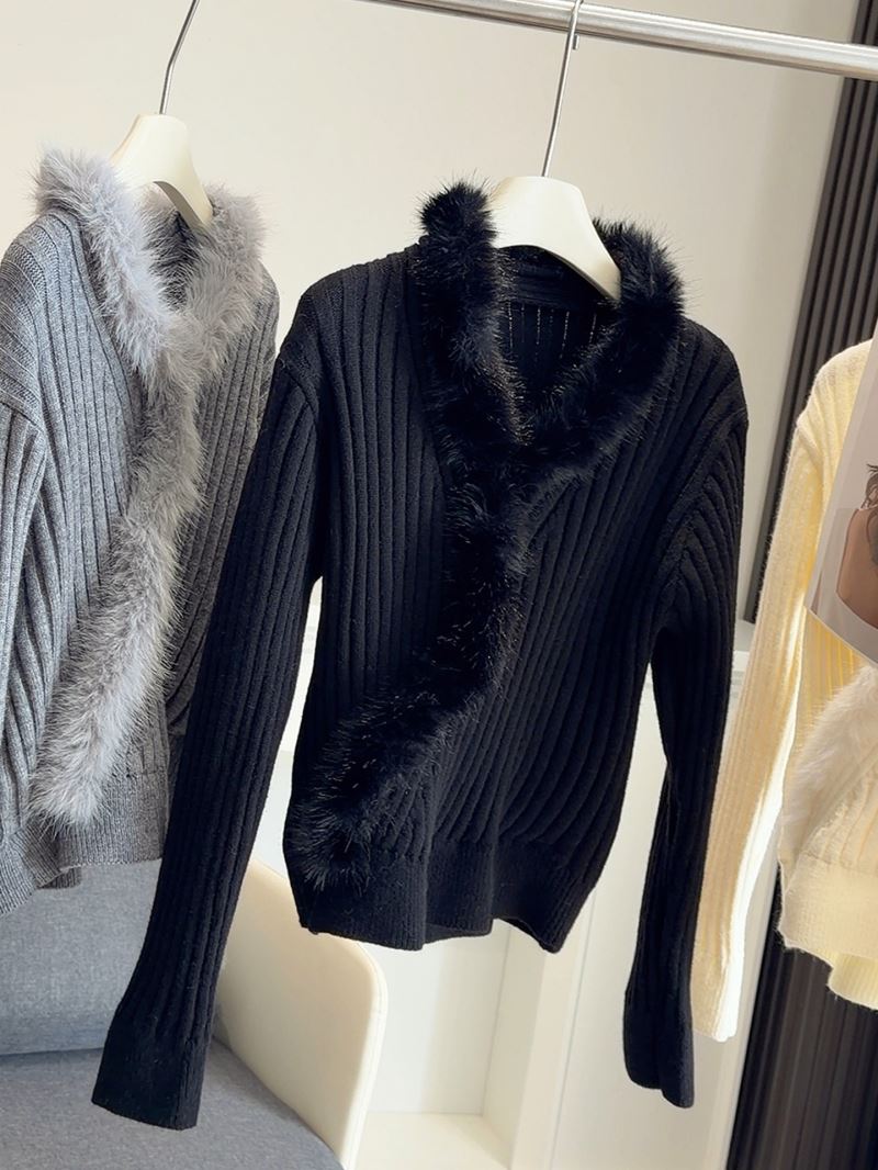 ファー付きリブニットセーター レディース 韓国風 3色展開