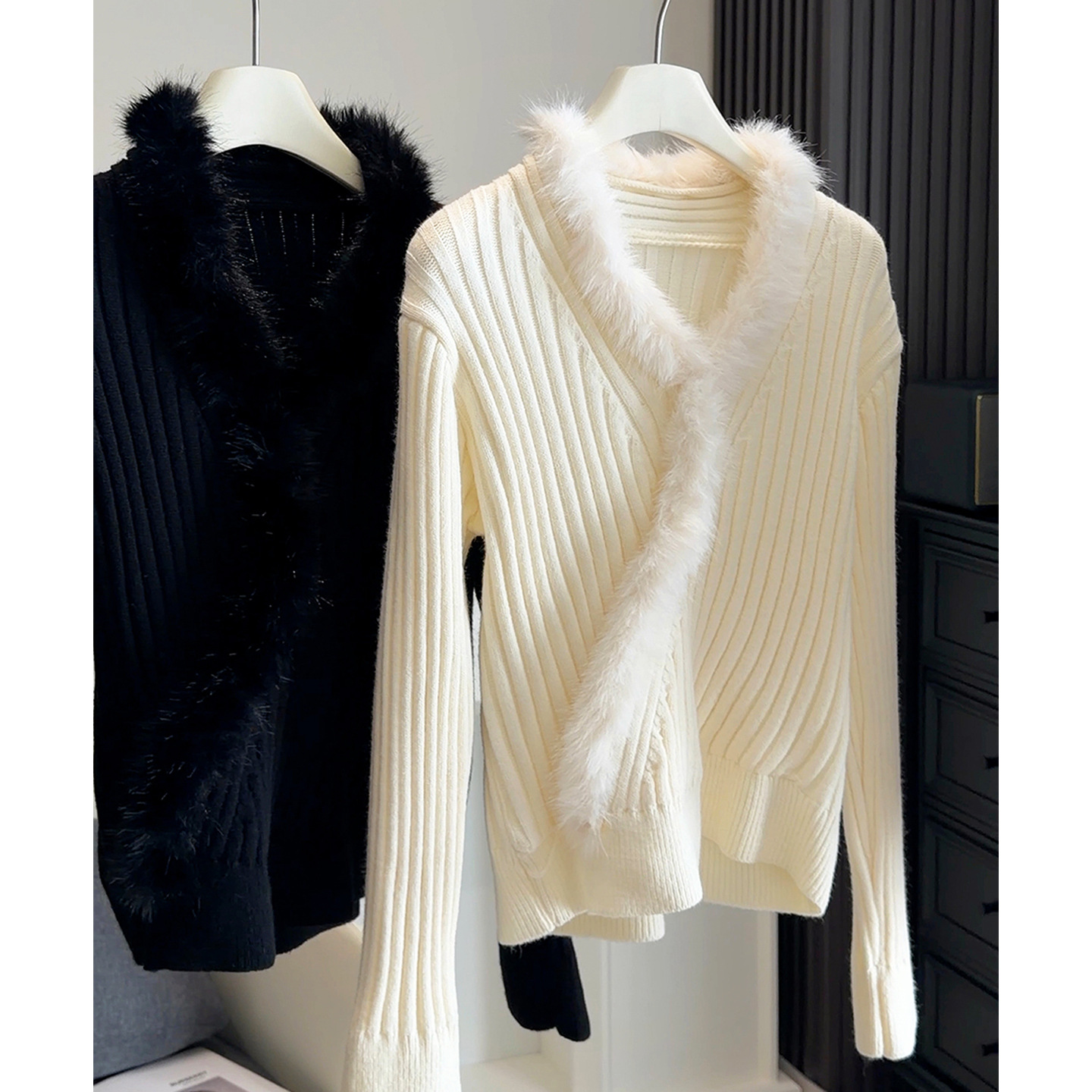 ファー付きリブニットセーター レディース 韓国風 3色展開