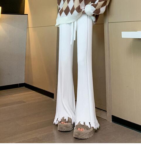 新作レディース高腰リブニットワイドパンツ裾フリンジ付