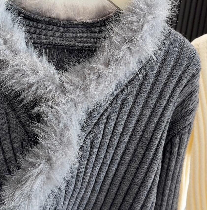 ファー付きリブニットセーター レディース 韓国風 3色展開