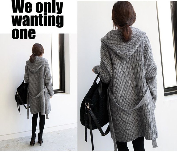 フード付きニットカーディガン ロング丈 ゆったり秋冬