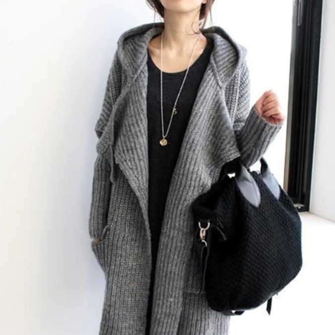 フード付きニットカーディガン ロング丈 ゆったり秋冬