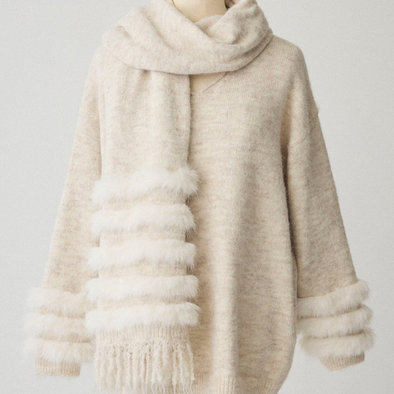 ニットセーター マフラー付き レディース 秋冬 二色展開