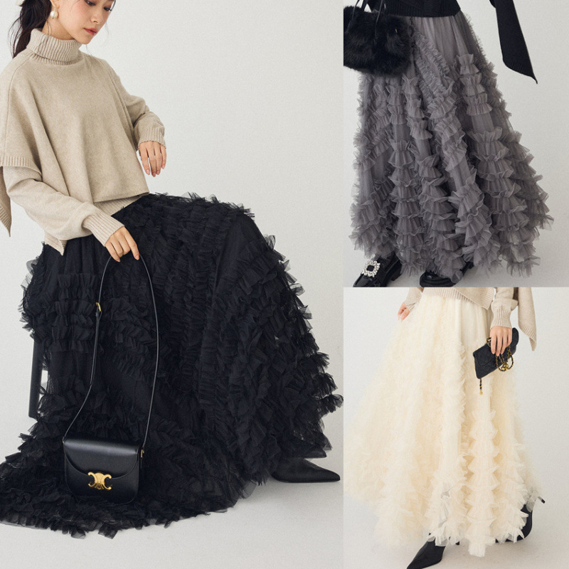 ハイネックニットとチュールスカートセット韓国風
