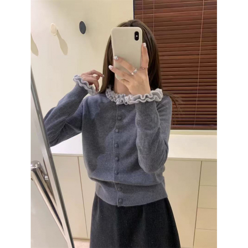 フリル襟ニットカーディガン韓国風レディース3色