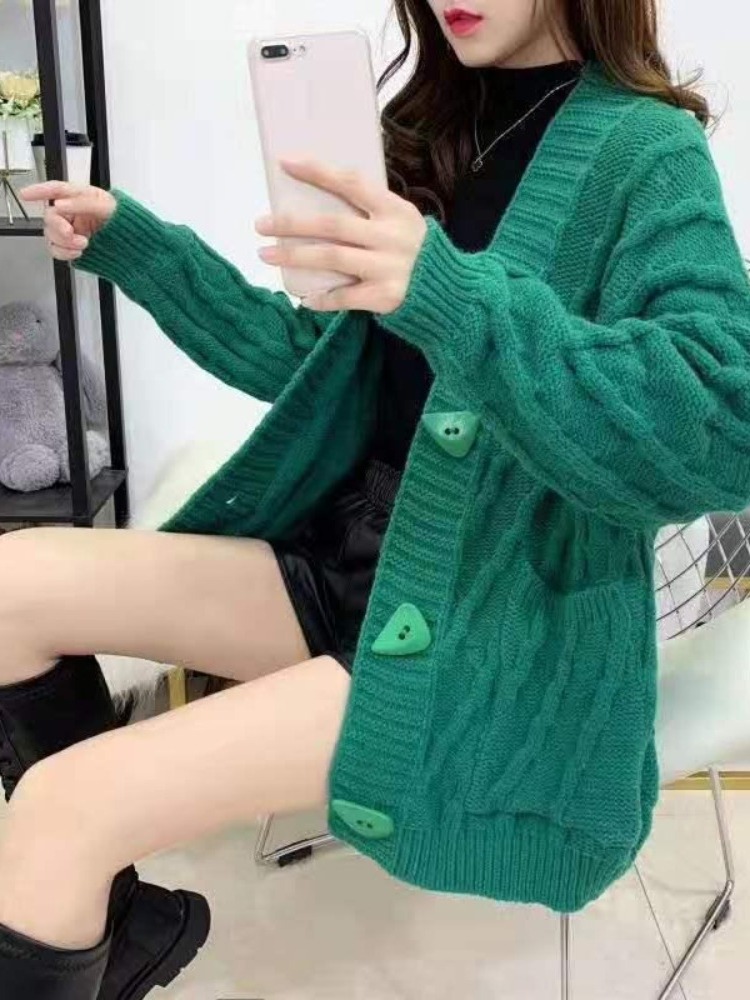 ニット ニット ハートボタン編み柄カーディガン