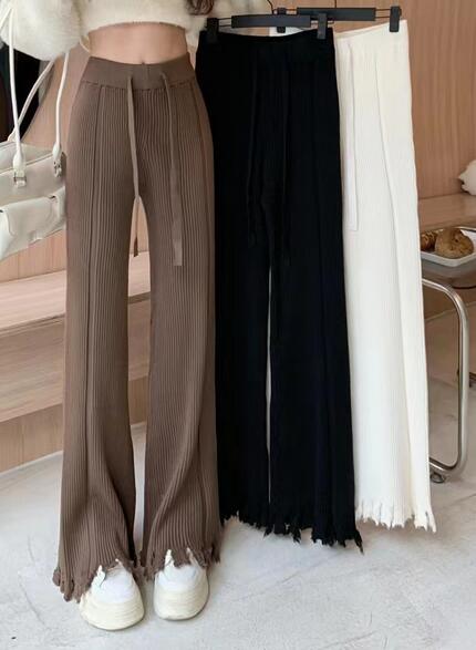 新作レディース高腰リブニットワイドパンツ裾フリンジ付