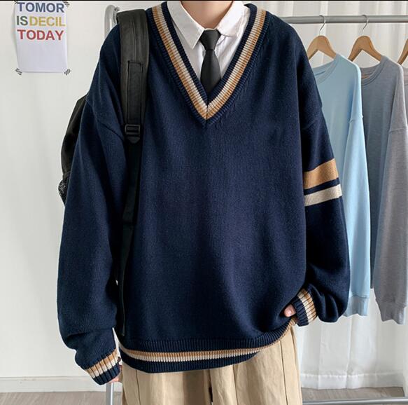 秋冬メンズ襟付きニットセーター学院風