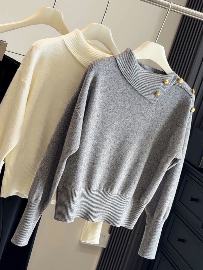 金ボタン付き折り返し襟ニットセーター韓国風レディース5色