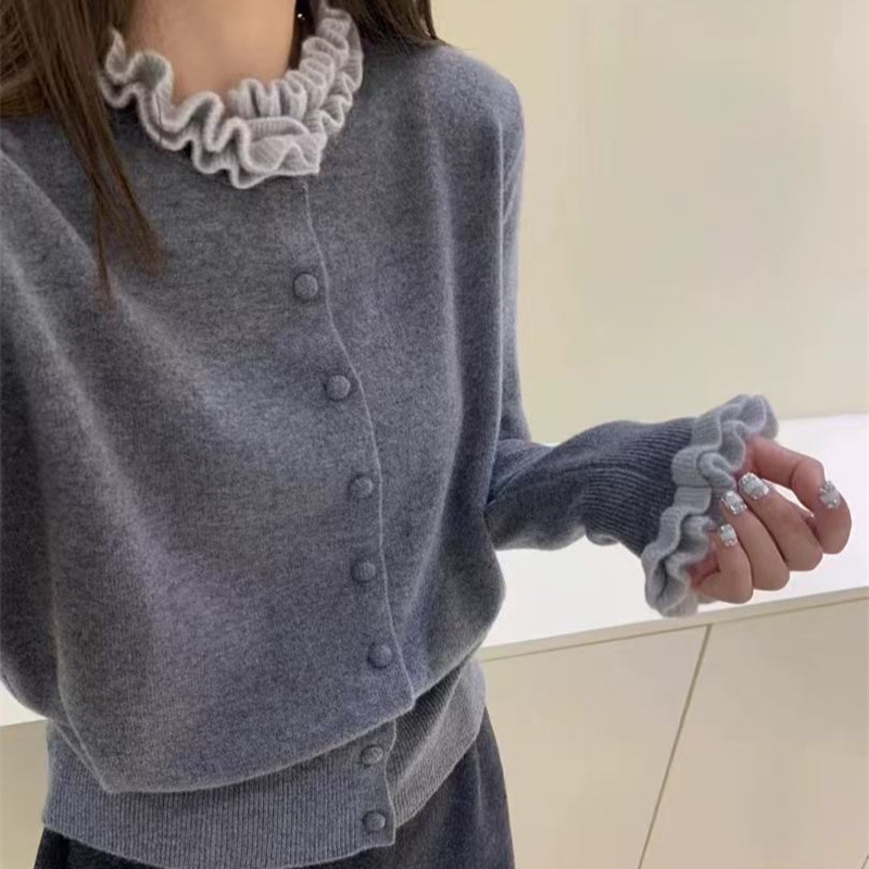 フリル襟ニットカーディガン韓国風レディース3色