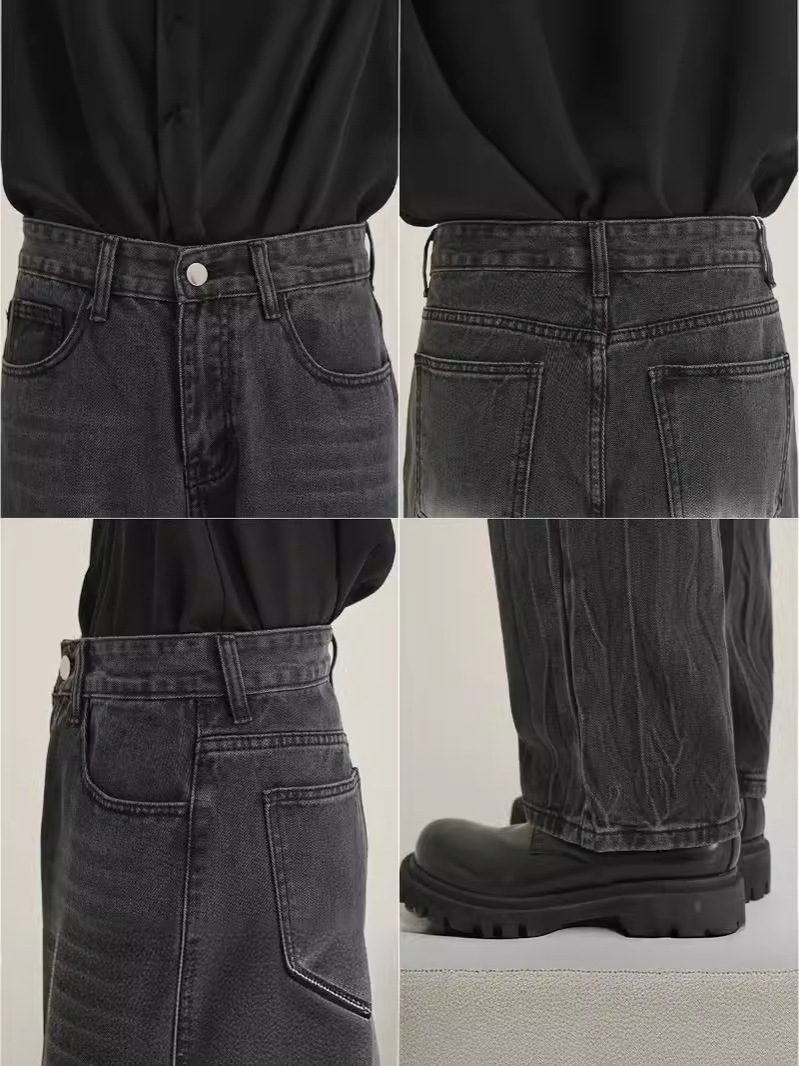 黒パンツ ヴィンテージ加工デニムワイドパンツ
