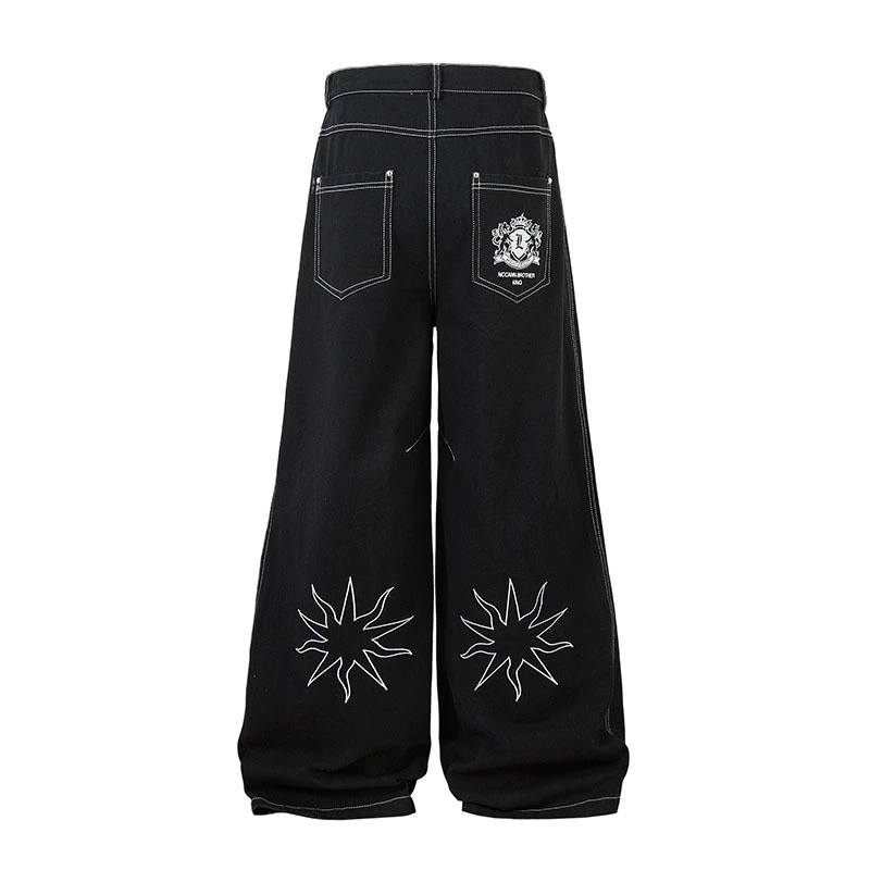 黒パンツ 刺繍入り黒デニムワイドパンツ男女兼用春秋新作