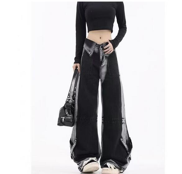 黒パンツ 夏新作レディース黒ハイウエストカーゴワイドパンツ