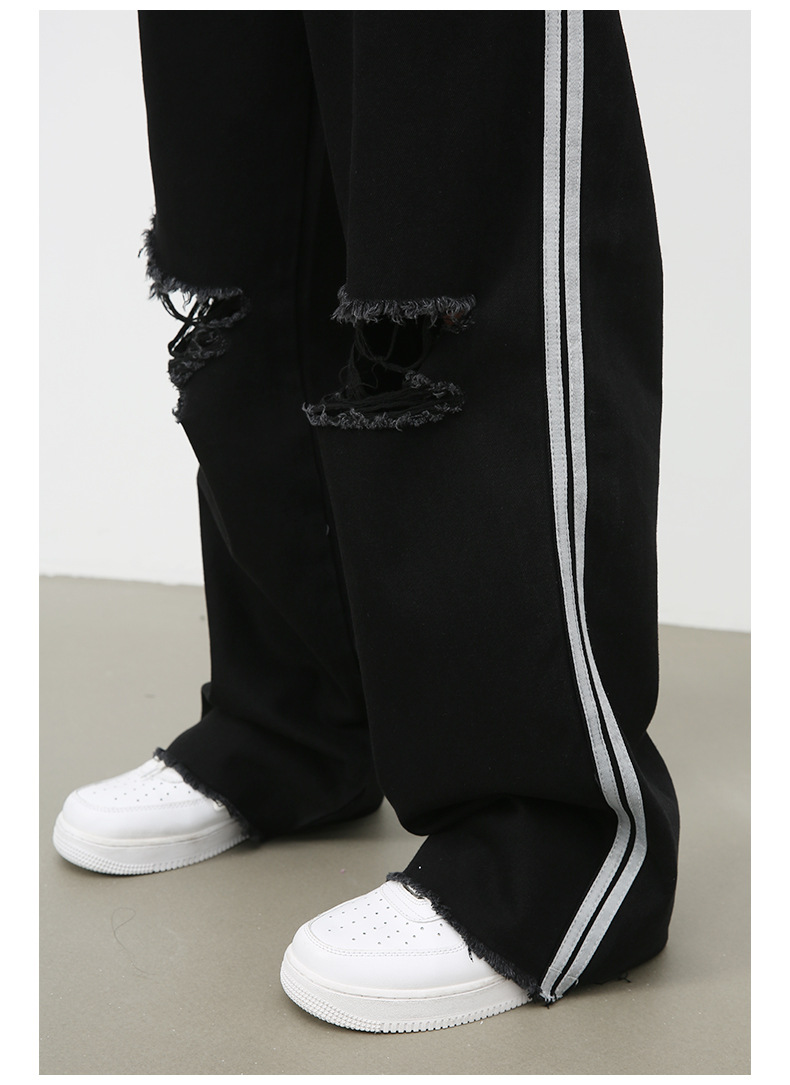 黒パンツ 黒デニム ダメージ加工 ヴィンテージ風 男女兼用 ワイドパンツ