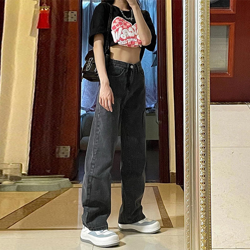 黒パンツ 古着風ゆったりストレートデニム