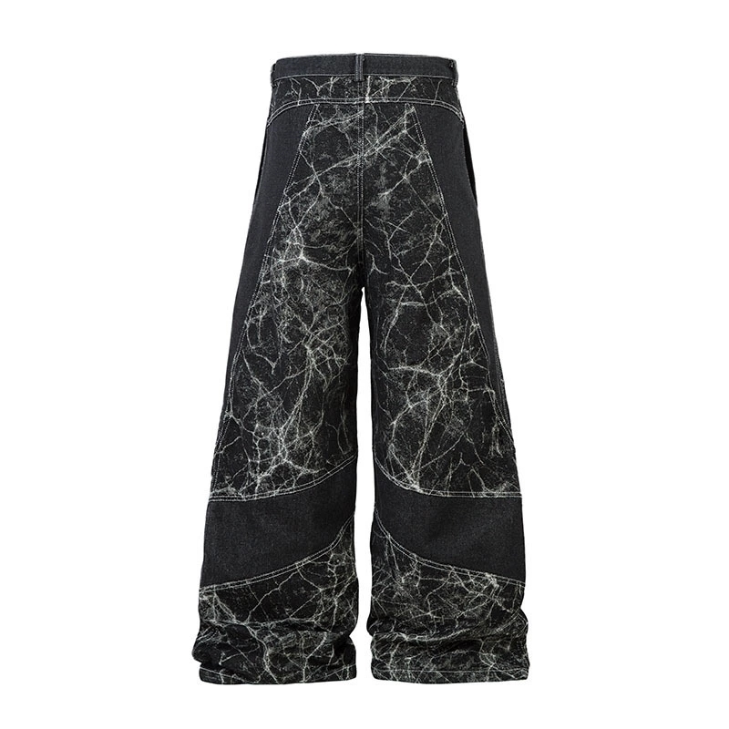 黒パンツ 男女兼用 黒デニム ワイドパンツ クラック柄 ヴィンテージ風
