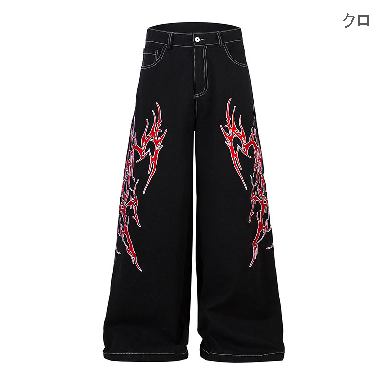 黒パンツ 炎刺繍入り黒デニムワイドパンツ男女兼用