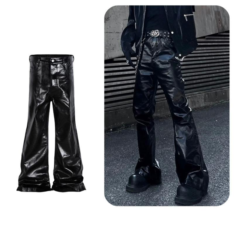 黒パンツ 男女兼用 ワーク風 黒レザー調 ベルボトム パンツ